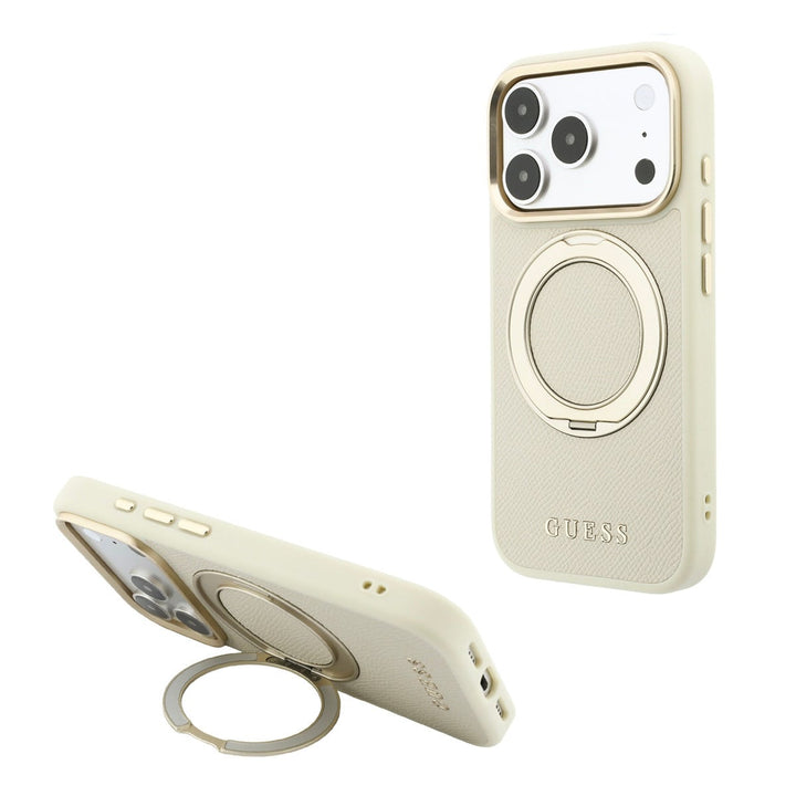 Beige Guess telefoonhoesje met ringstandaard, staand en horizontaal als telefoonsteun