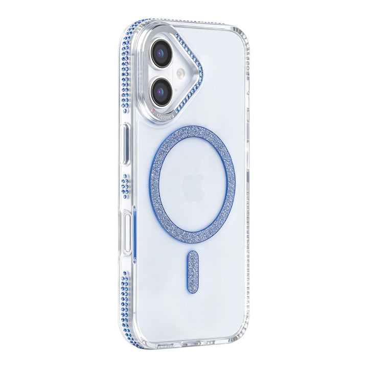 Transparant TUNIQ telefoonhoesje met blauwe glitterring en rand, van achteren op een telefoon