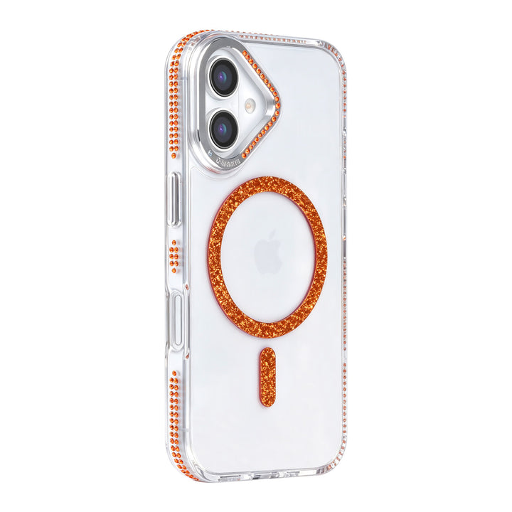 Transparant TUNIQ telefoonhoesje met oranje glitterring en rand, van achteren op een telefoon
