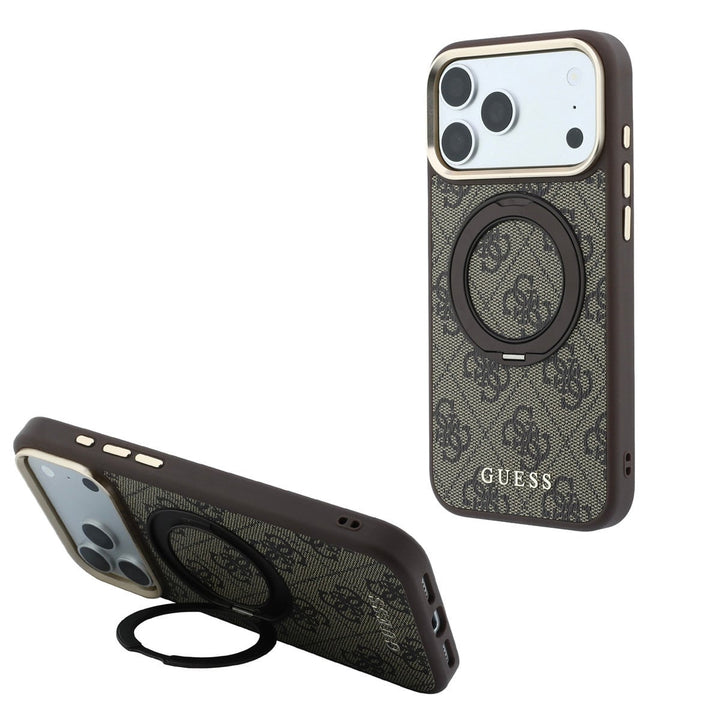 Bruin Guess telefoonhoesje met 4G-patroon met ringstandaard, staand en horizontaal als telefoonsteun