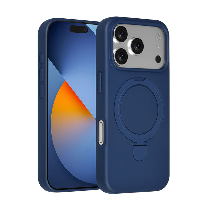 Donkerblauw TUNIQ telefoonhoesje met ringstandaard, voor- en achterkant op een telefoon