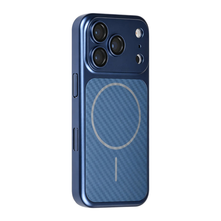 Blauw TUNIQ telefoonhoesje met diagonaal patroon en ring, van achteren op een telefoon