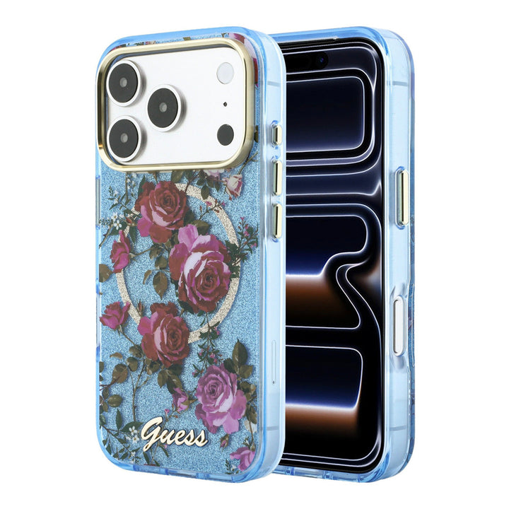 Lichtblauw Guess telefoonhoesje met rozenprint, glitters, ring en schriftlogo, voor- en achterkant op een telefoon