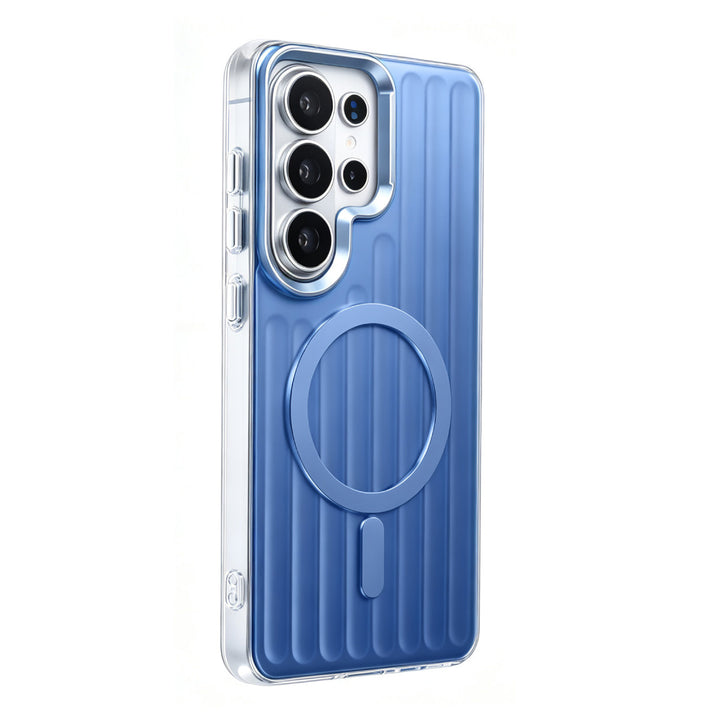 Blauw TUNIQ telefoonhoesje met verticale ribbels en ring, van achteren op een telefoon