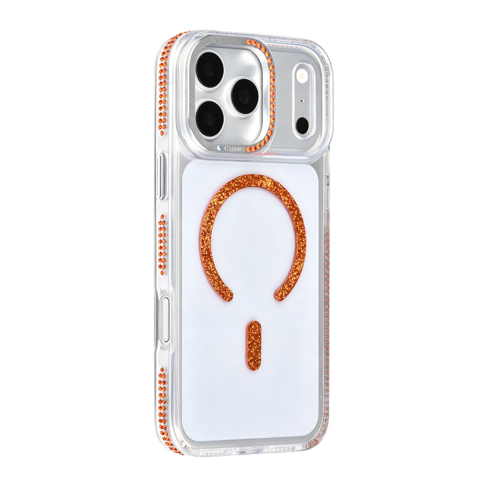 Transparant TUNIQ telefoonhoesje met oranje glitters langs de rand en gebogen ring, van achteren op een telefoon