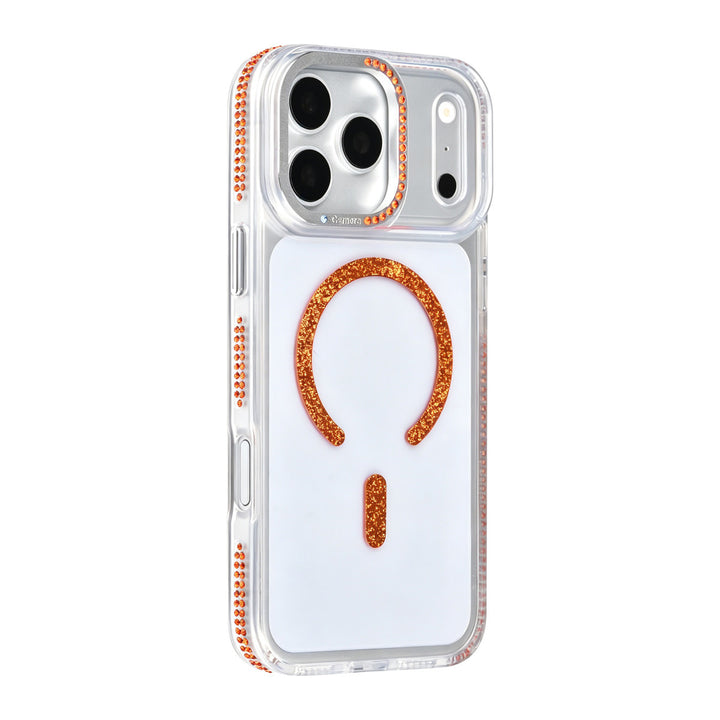 Transparant TUNIQ telefoonhoesje met oranje glitters langs de rand en gebogen ring, van achteren op een telefoon