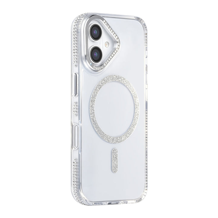 Transparant TUNIQ telefoonhoesje met zilverkleurige glitterring en rand, van achteren op een telefoon