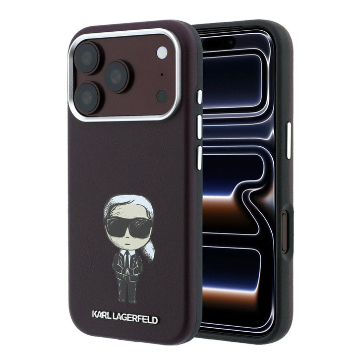 Bordeauxkleurig Karl Lagerfeld telefoonhoesje met figuur van Karl, voor- en achterkant op een telefoon