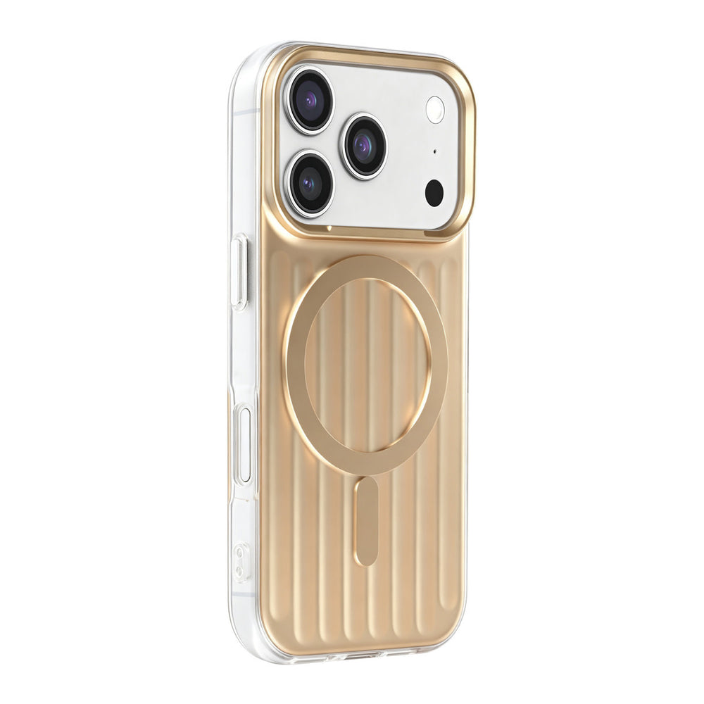 Goudkleurig TUNIQ telefoonhoesje met verticale ribbels en ring, van achteren op een telefoon