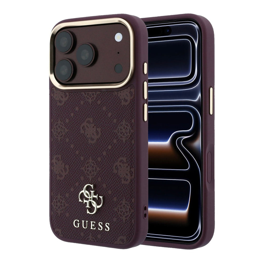 Bordeauxkleurig Guess telefoonhoesje met 4G-patroon en klein logo, voor- en achterkant op een telefoon