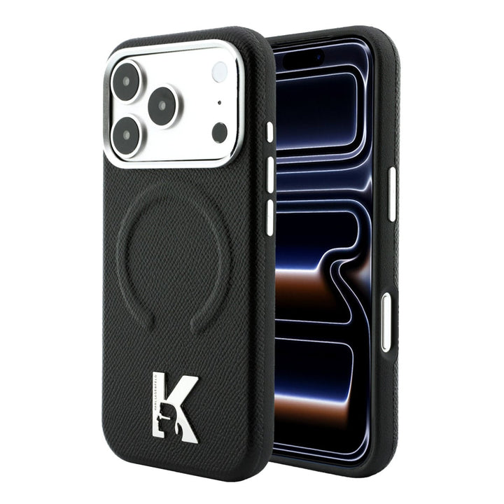 Zwart Karl Lagerfeld telefoonhoesje met ingedrukt ringpatroon en K-logo, voor- en achterkant op een telefoon