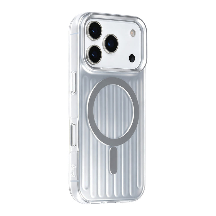 Zilverkleurig TUNIQ telefoonhoesje met verticale ribbels en ring, van achteren op een telefoon