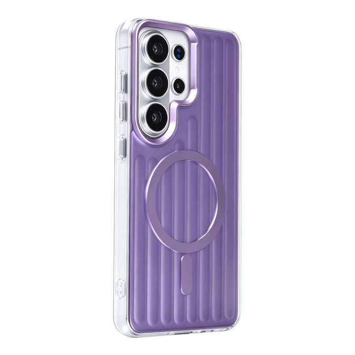 Paars TUNIQ telefoonhoesje met verticale ribbels en ring, van achteren op een telefoon