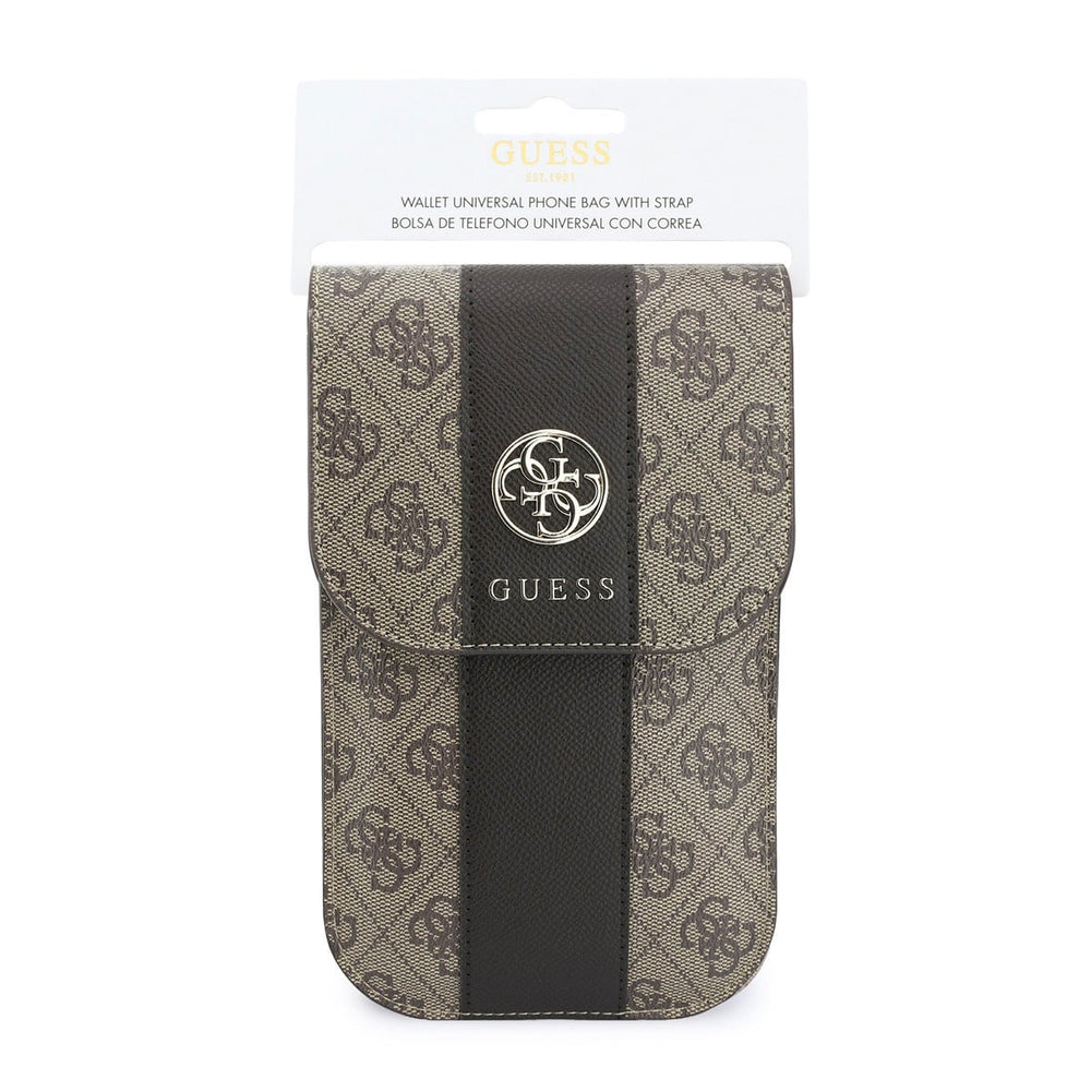 Bruine Guess telefoontas met 4G-patroon en rond logo op verpakkingskaart