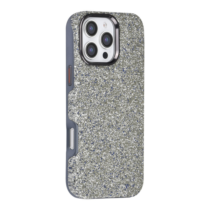 Grijs TUNIQ telefoonhoesje met glitters, van achteren op een telefoon