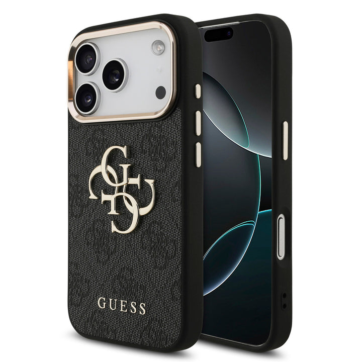 Zwart Guess telefoonhoesje met 4G-patroon en groot goudkleurig logo, voor- en achterkant op een telefoon