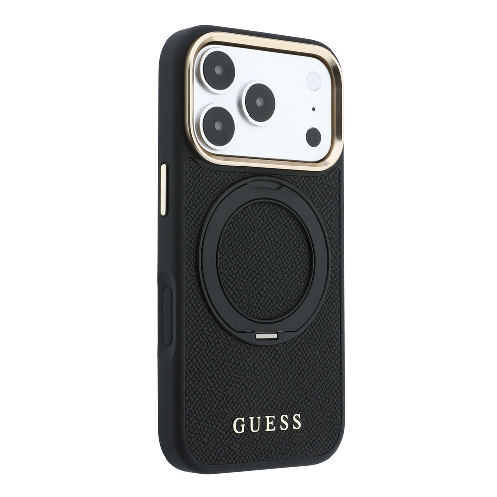 Zwart Guess telefoonhoesje met ingeklapte ringstandaard, schuin van achteren