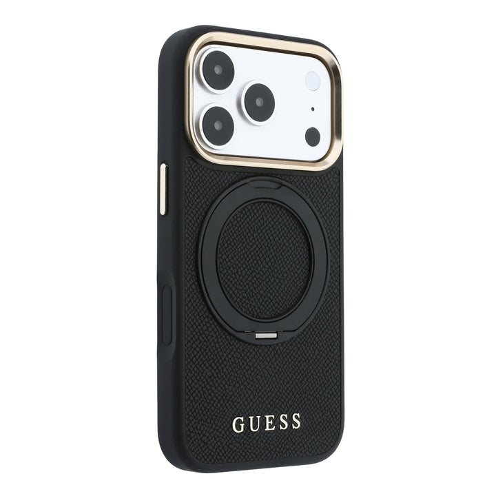 Zwart Guess telefoonhoesje met ingeklapte ringstandaard, schuin van achteren