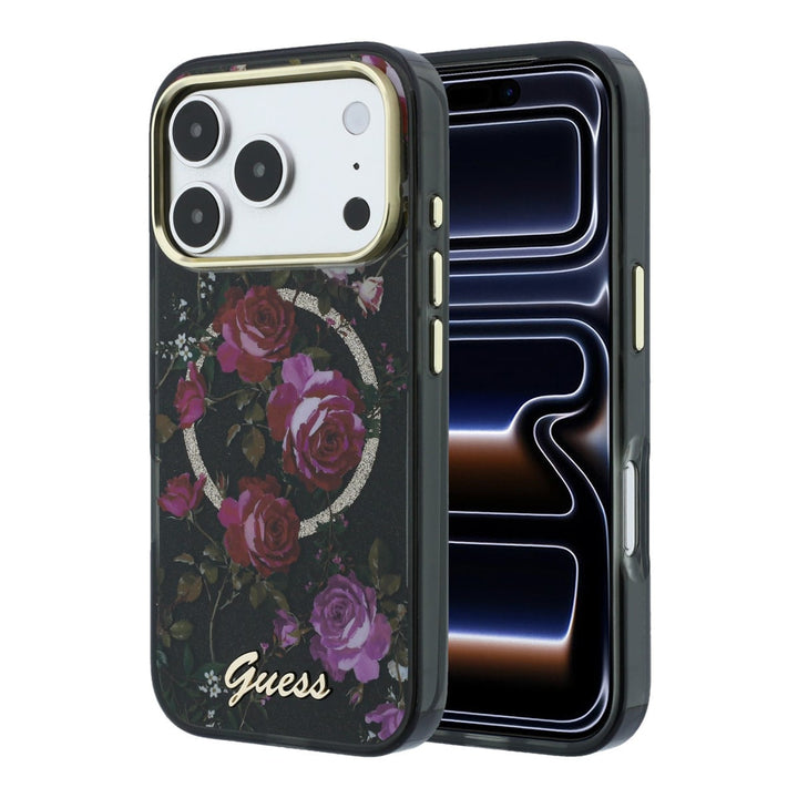 Zwart Guess telefoonhoesje met rozenprint, glitters, ring en schriftlogo, voor- en achterkant op een telefoon