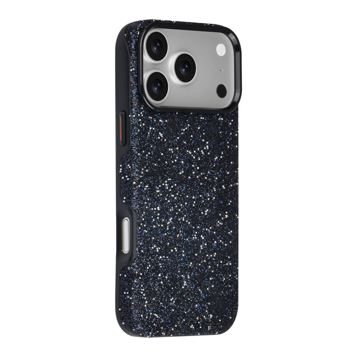 Zwart TUNIQ telefoonhoesje met glitters, van achteren op een telefoon