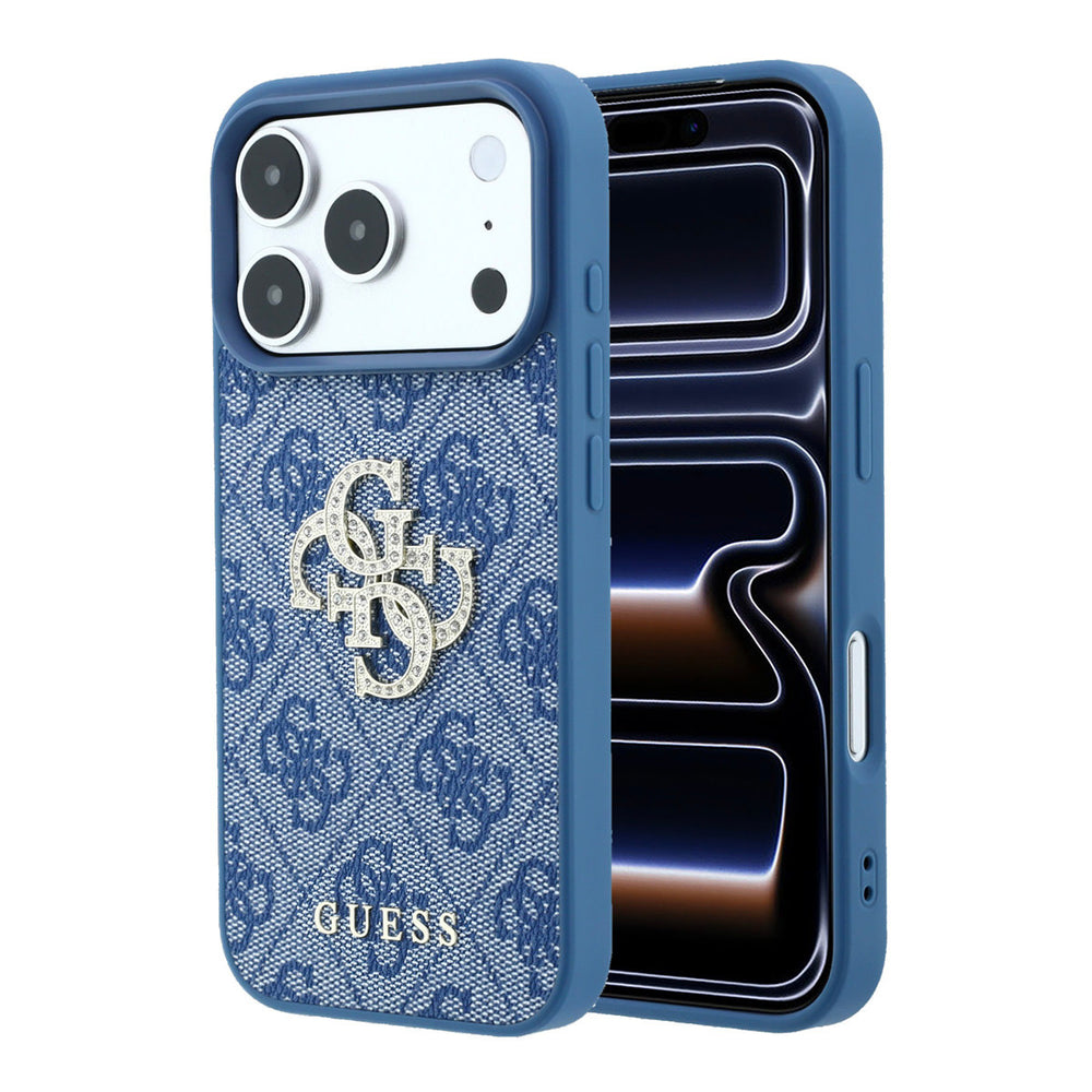 Blauw Guess telefoonhoesje met 4G-patroon en groot strasslogo, voor- en achterkant op een telefoon