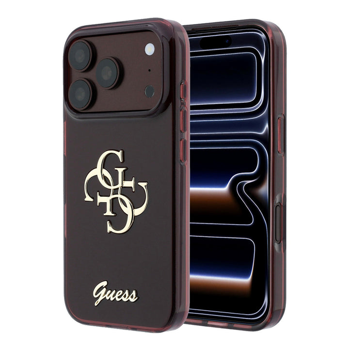 Bordeauxkleurig Guess telefoonhoesje met groot 4G-logo en goudkleurig schriftlogo, voor- en achterkant op een telefoon