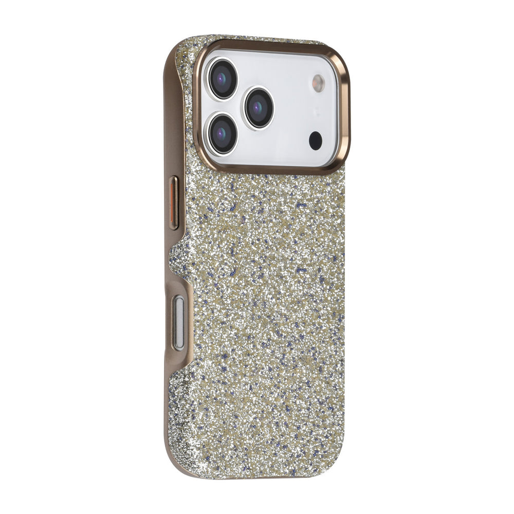 TUNIQ telefoonhoesje met lichte glitters en goudkleurige rand, van achteren op een telefoon