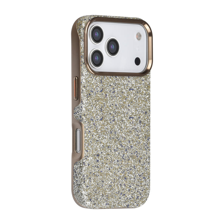 TUNIQ telefoonhoesje met lichte glitters en goudkleurige rand, van achteren op een telefoon