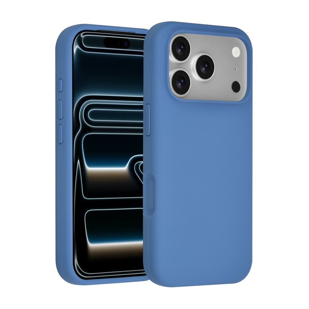 Blauw TUNIQ telefoonhoesje, voor- en achterkant op een telefoon
