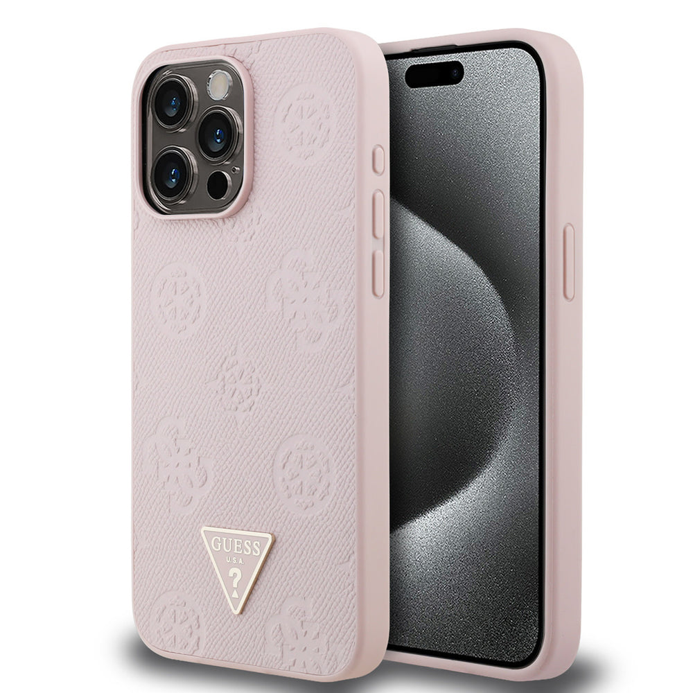 Roze Guess telefoonhoesje met bloemenpatroon en driehoekslogo, voor- en achterkant op een telefoon