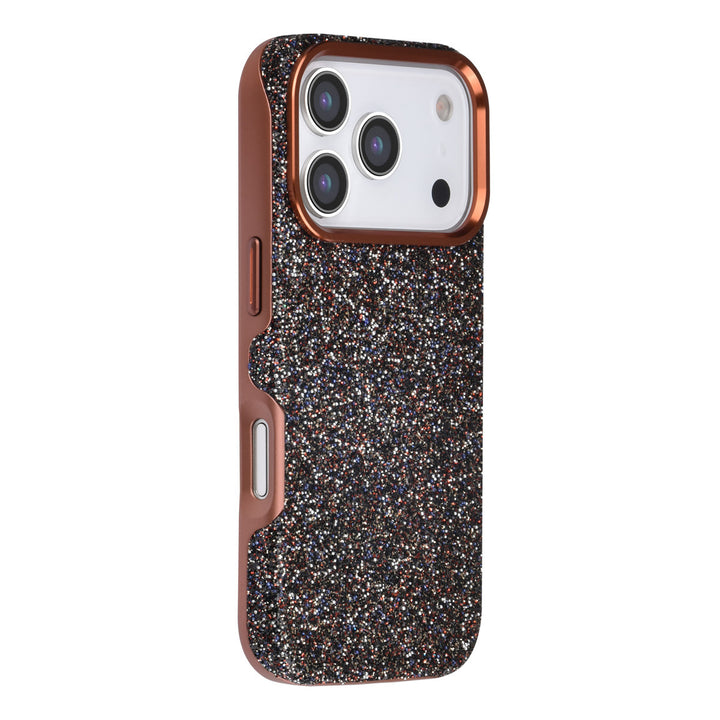 Bruin TUNIQ telefoonhoesje met glitters, van achteren op een telefoon