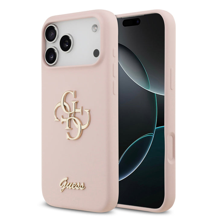Roze Guess telefoonhoesje met groot 4G-logo en goudkleurig schriftlogo, voor- en achterkant op een telefoon