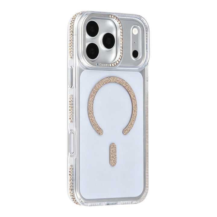 Transparant TUNIQ telefoonhoesje met goudkleurige glitters langs de rand en gebogen ring, van achteren op een telefoon