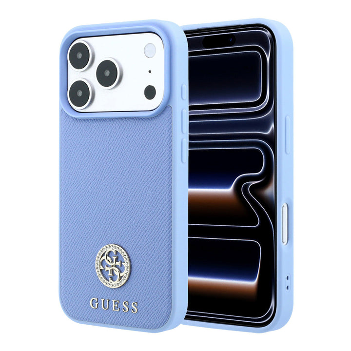 Lichtblauw Guess telefoonhoesje met rond logo, voor- en achterkant op een telefoon