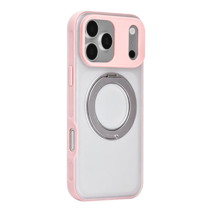 Roze TUNIQ telefoonhoesje met glanzende ringstandaard, van achteren op een telefoon