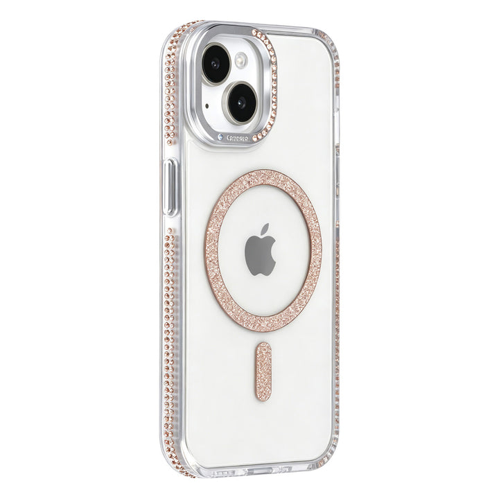 Transparant TUNIQ telefoonhoesje met goudkleurige glitterring en rand, van achteren op een telefoon