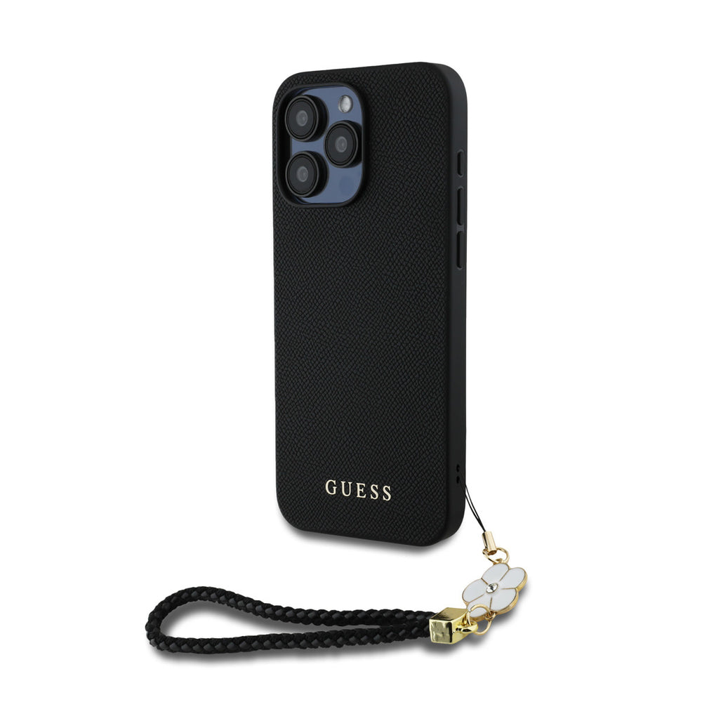 Zwart Guess telefoonhoesje met polskoord en bloemvormige hanger, van achteren op een telefoon