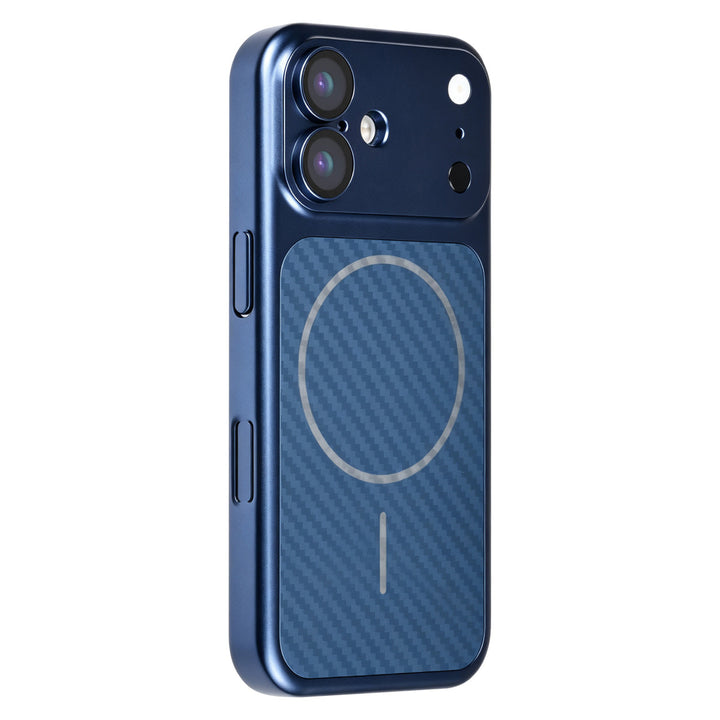 Blauw TUNIQ telefoonhoesje met diagonaal patroon en ring, van achteren op een telefoon