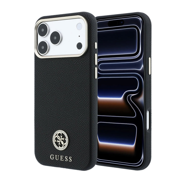 Zwart Guess telefoonhoesje met rond strasslogo, voor- en achterkant op een telefoon
