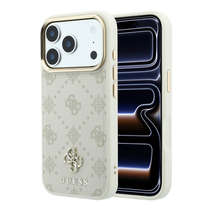 Lichtgekleurd Guess telefoonhoesje met 4G-patroon en klein logo, voor- en achterkant op een telefoon