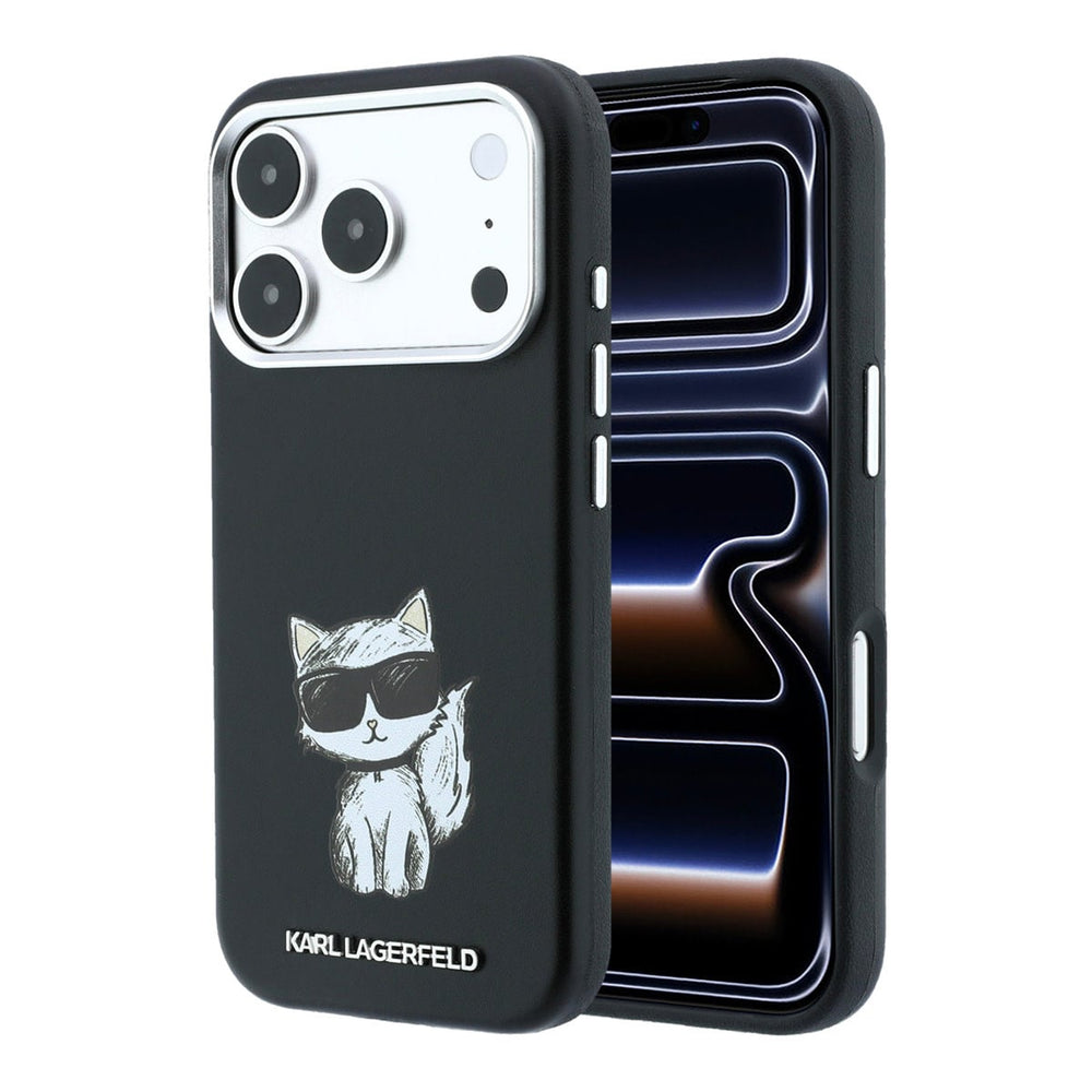 Zwart Karl Lagerfeld telefoonhoesje met figuur van Choupette, voor- en achterkant op een telefoon