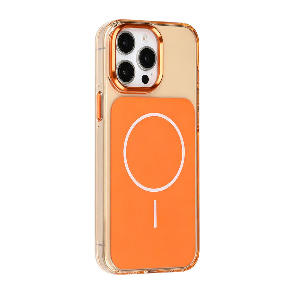 Oranje TUNIQ telefoonhoesje met witte ring, van achteren op een telefoon