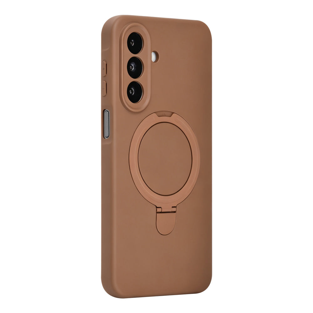 Bruin TUNIQ telefoonhoesje met ringstandaard, van achteren op een telefoon