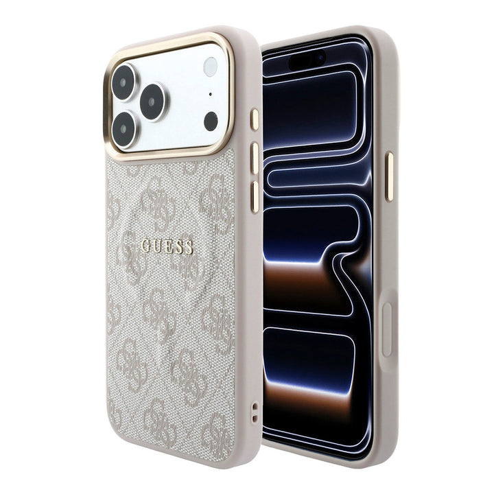 Lichtgekleurd Guess telefoonhoesje met 4G-patroon en klassiek logo, voor- en achterkant op een telefoon