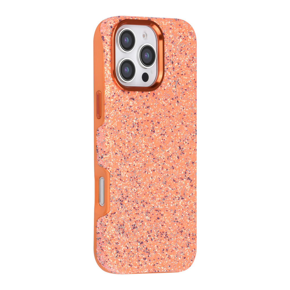 Oranje TUNIQ telefoonhoesje met glitters, van achteren op een telefoon