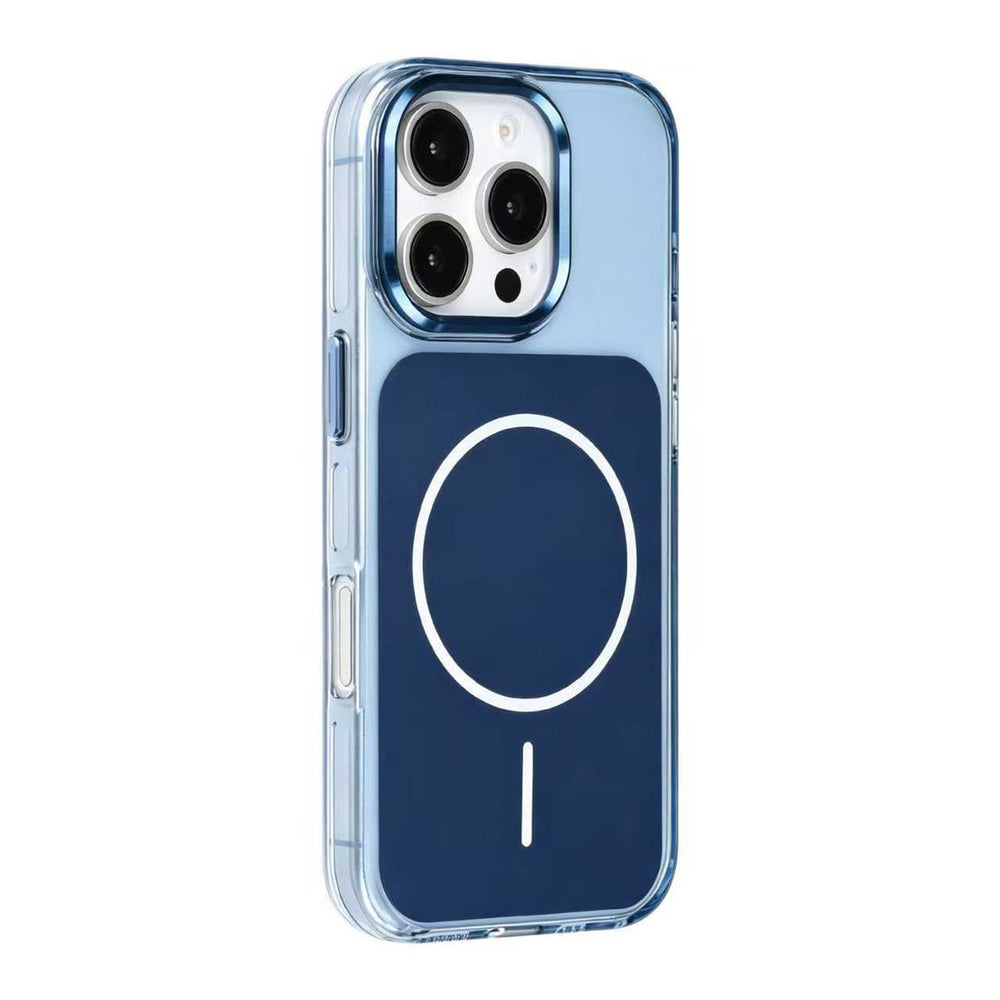 Blauw TUNIQ telefoonhoesje met witte ring, van achteren op een telefoon