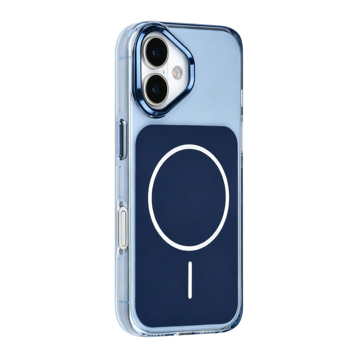 Blauw TUNIQ telefoonhoesje met witte ring, van achteren op een telefoon