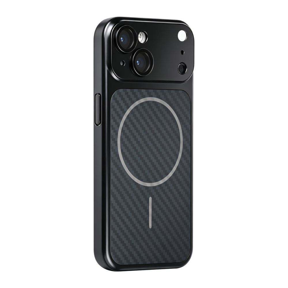 Zwart TUNIQ telefoonhoesje met diagonaal patroon en ring, van achteren op een telefoon
