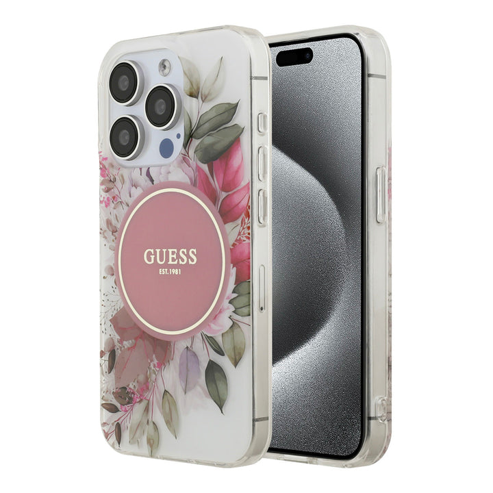 Guess telefoonhoesje met bloemen en roze rond logo, voor- en achterkant op een telefoon