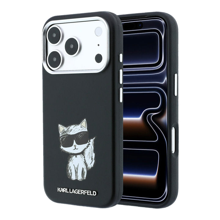 Zwart Karl Lagerfeld telefoonhoesje met figuur van Choupette, voor- en achterkant op een telefoon